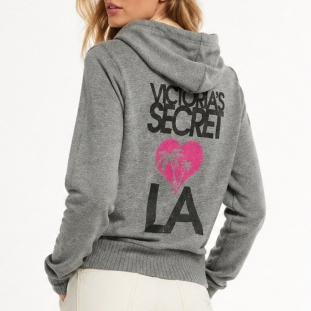 Victorias Secret Supermodel Y2K Essentials Hoodie Gray LA Pink Heart Wing Zip M